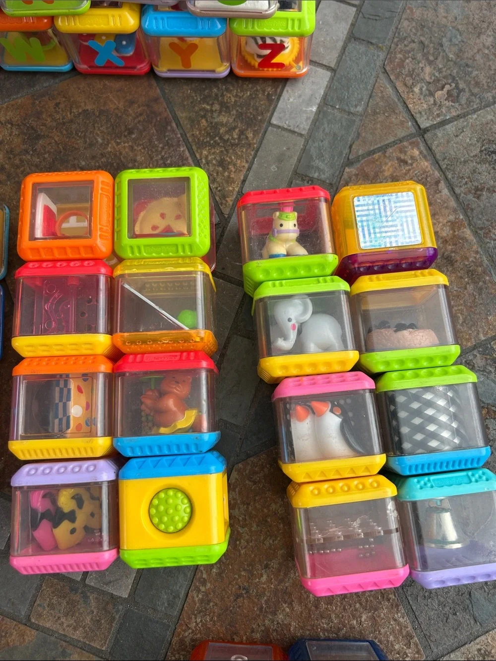 Vintage Fisher Price Peek A Boo Colorful Alphabet and Sensory Toy Blocks Lot 84